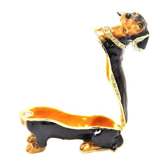 Dachshund Dog Trinket Box. Hand Painted Black Enamel