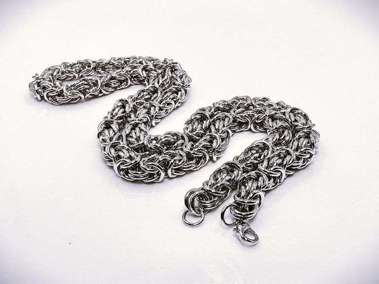 Huge 125.4 Gram 18 Kt. White Gold Plated Byzantine Chain Necklace.
