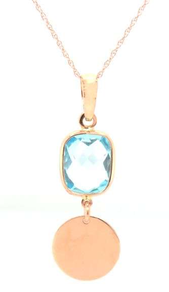 14kt Rose gold cushion blue topaz disc drop pendant on chain