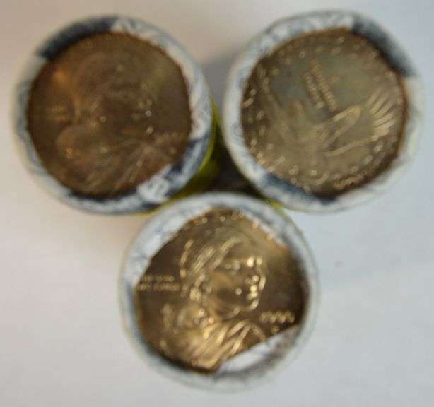 3 Gem original BU rolls of 25 Sacagawea Golden Dollars dated 2000