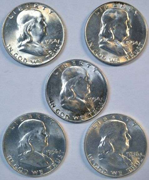 Gem BU 1954-D, 2 1954-S, & 2 1956 Franklin Half Dollars with FBL