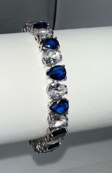 18 Kt. White Gold Plated 32.5 Cwt. Simulated Sapphire Tennis Bracelet
