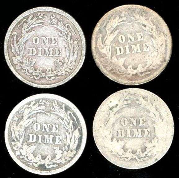 4 Different Silver Barber Dimes: 1898 to 1916