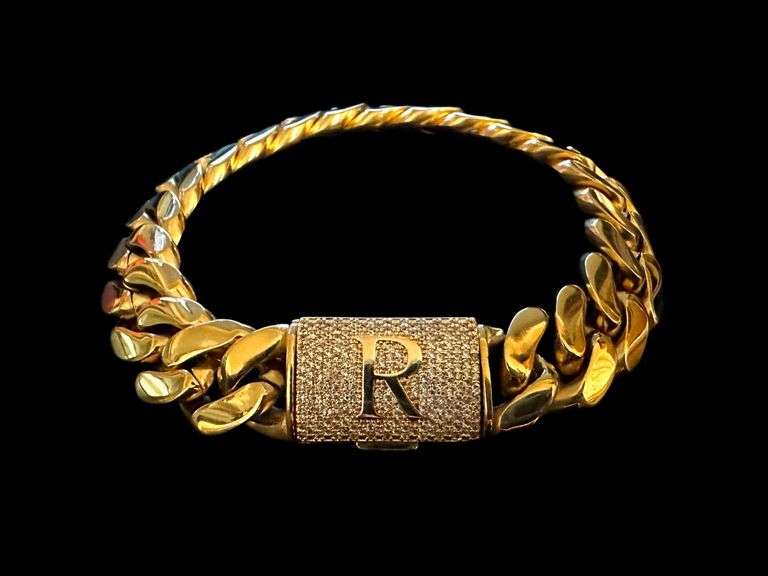Sparkling 14 Kt Gold Plate 65.5 Gram Monogramed Initial "R" Curb Link Bracelet