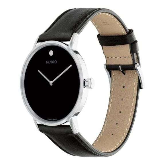 Movado Signature Men’s Watch – Silver Stainless Steel Case with Black Leather Strap
