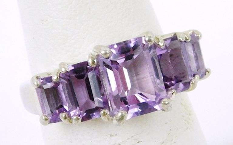 Sterling Ring of Emerald Cut Amethyst's, Size 5.75