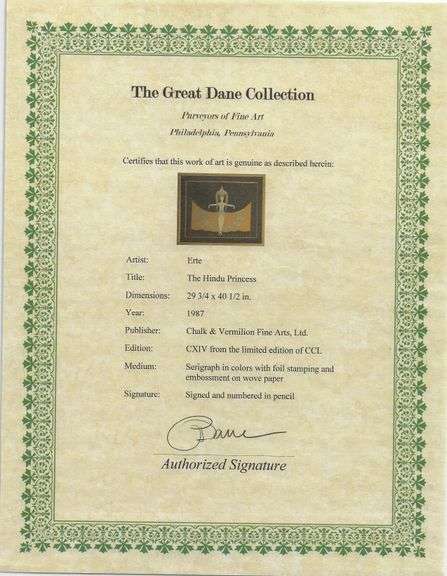 Erte "The Hindu Princess" Signed Limited Edition Serigraph Framed