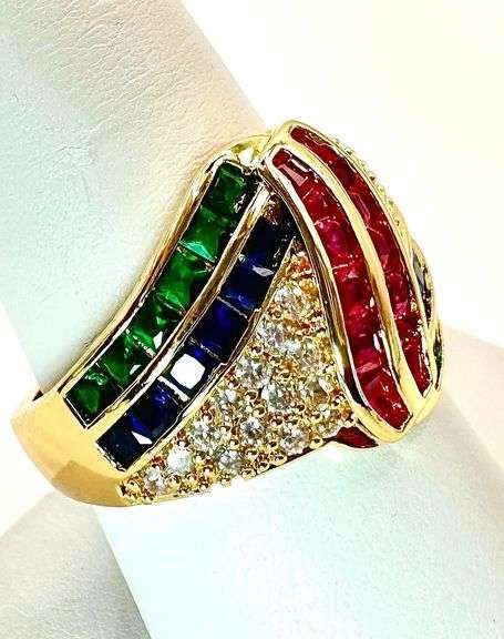 14 Kt. Yellow Gold Plate 4.75 Ct Simulated Ruby, Sapphire, and Emerald Ring