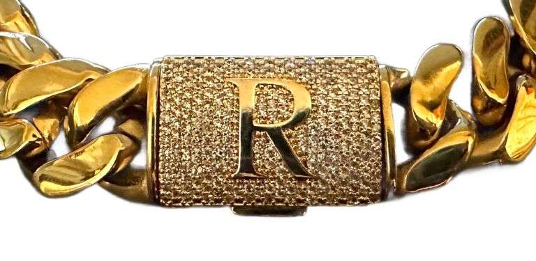 Huge 65.5 Gram 14 Kt Gold Plate Monogramed Initial "R" Curb Link Bracelet