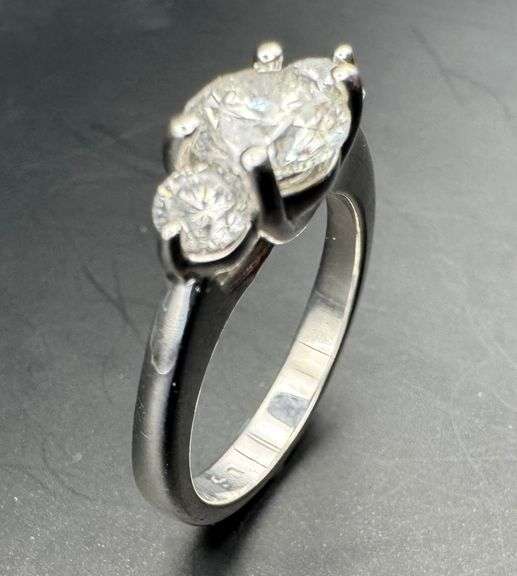 14K White Gold Three Stone Round Brilliant Cut Diamond Ring