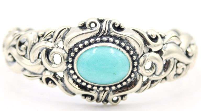925 Sterling Silver Ornate Beatiful Filigree With Large Oval Turquoise Center Cuff Bracelet