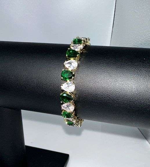 Sparkling Yellow Gold Plated 32.5 Ctw Simulated Emerald Tennis Bracelet
