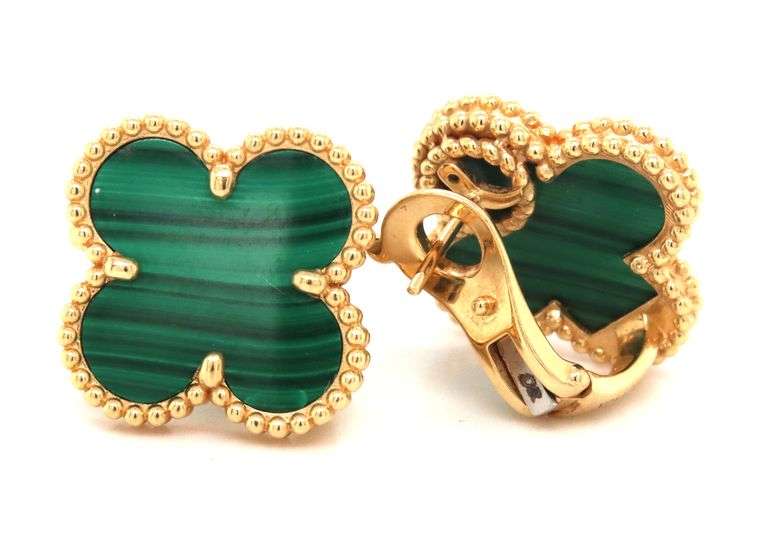 18KT Yellow Gold Stunning Green Malachite large Clover Stud Earrings