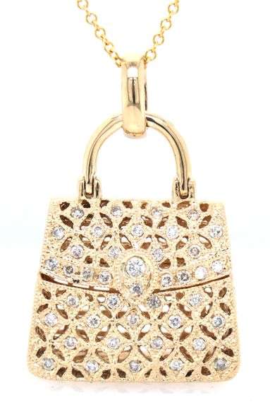 14kt Yellow gold diamond lattice purse pendant on chain necklace