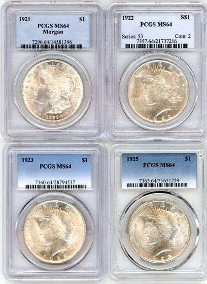 4 Diff. Frosty-white PCGS MS64 graded Silver Dollars 1921 to 1925