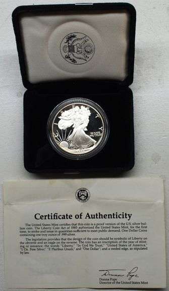 1986-S American Silver Eagle $1 Coin – 1 oz .999 Fine Silver – With Original Box & COA