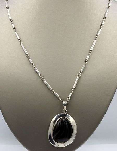 925 Sterling silver Burle Marx Carved black onyx pendant on chain