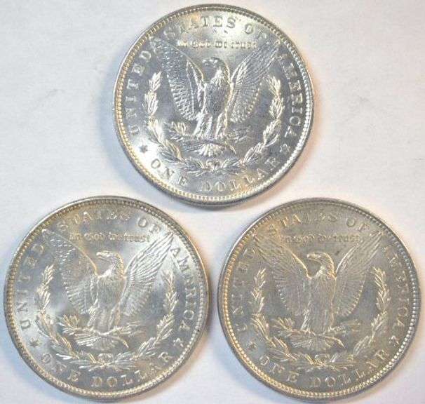 3 Diff. Blazing-white Choice BU 'P' Mint Morgan Silver Dollars