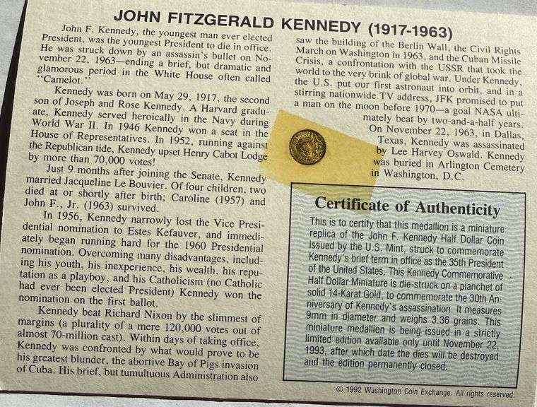 Solid 14 K Gold JFK Memorial Half Dollar