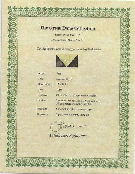 Erte "Summer Snow" Signed Limited Edition Serigraph Artist's Proof #1