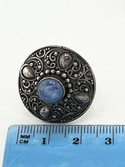 925 Sterling Silver Vintage Etruscan Revival Design Blue Opal Ring