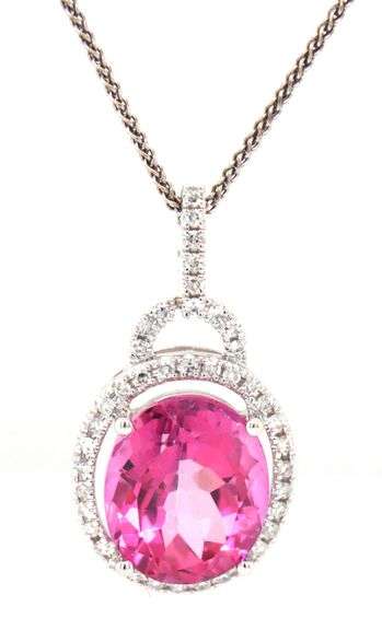 14kt White gold oval pink topaz and diamond halo pendant on chain