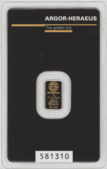 1 Gram Gold Bar – Argor-Heraeus Suisse – .9999 Fine Gold – Sealed – Serial Numbered