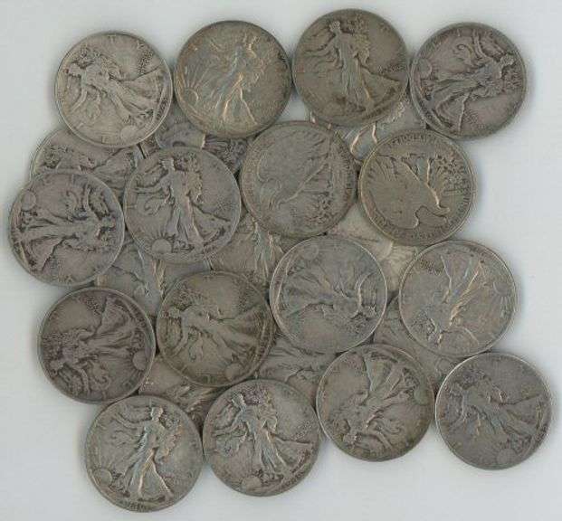 25 Assorted mixed date Walking Liberty Half Dollars