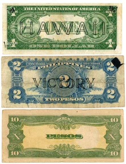 3 Interesting Notes: 1935-A $1 Hawaii Silver Cert, 2 Pesos Philippines, & 10 Pesos Japan