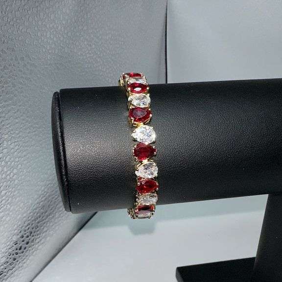 18 Kt Yellow Gold Plated Huge 32.5 Ctw Simulated Ruby Tennis Bracelet