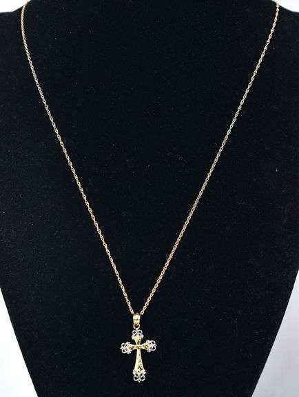 Lovely 10K Yellow and White Gold Cross Pendant Necklace