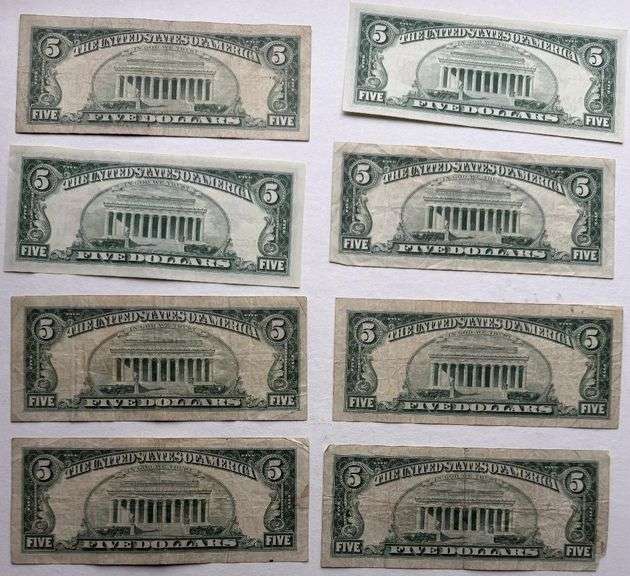 Eight $5 1963 Red Seal US Notes Including a Star