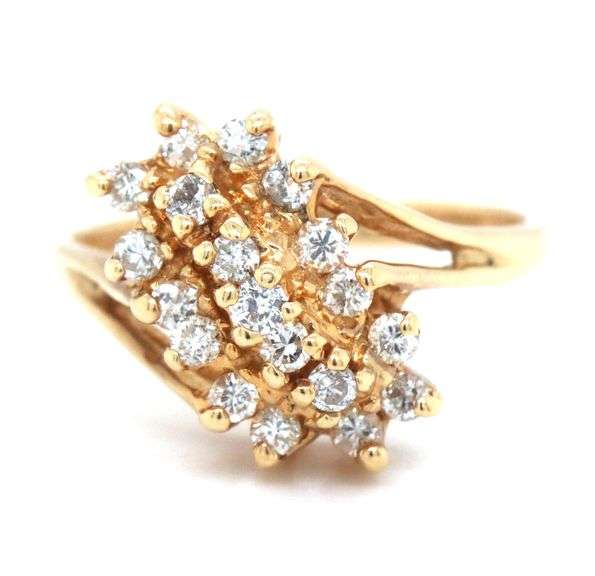 Classic 14K YG Diamond Watrfall Cluster Ring
