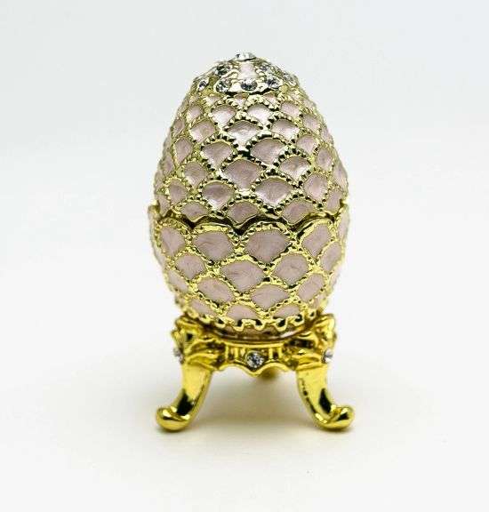 Hand-Painted Golden Pink Enamel Egg Trinket Box with Crystal Accents