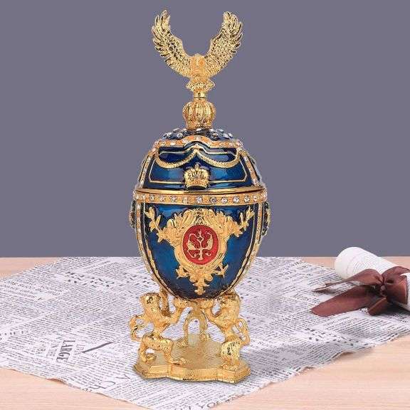Vintage-Style Gold-Plated Enamel Fabergé Egg Jewelry Box with Crown Eagle Accent