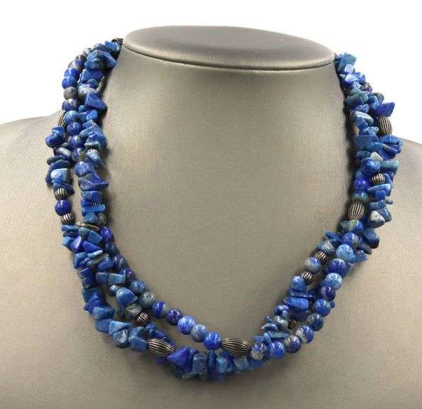 3 Row Lapis beaded necklace in sterling silver