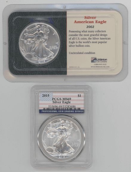 2002 Gem BU in Littleton holder and 2015 $1 PCGS MS69 Silver Eagles