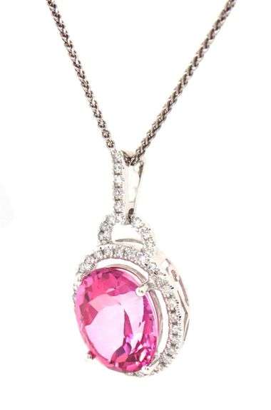 14kt White gold oval pink topaz and diamond halo pendant on chain