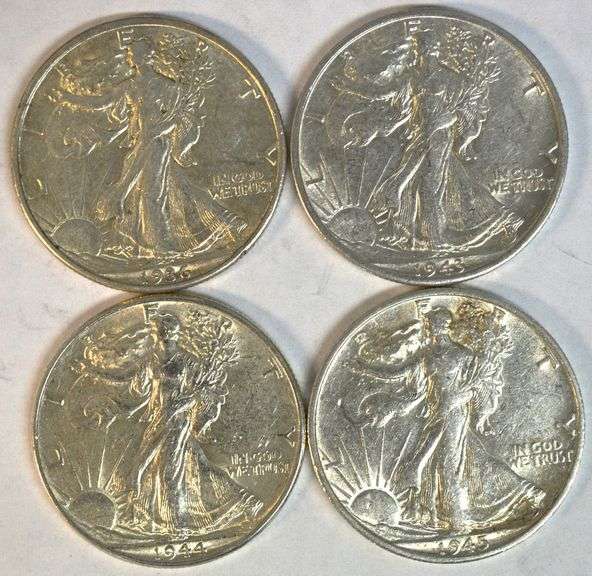 1936-D, 1943-S, 1944-P, & 1945-S Walking Liberty Half Dollars