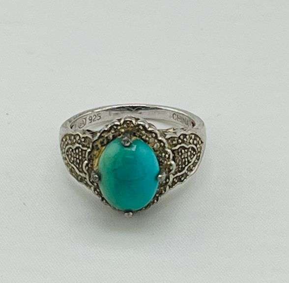 925 Ster;ling Silver Vintage Turquoise With Decorative Metalwork Ring