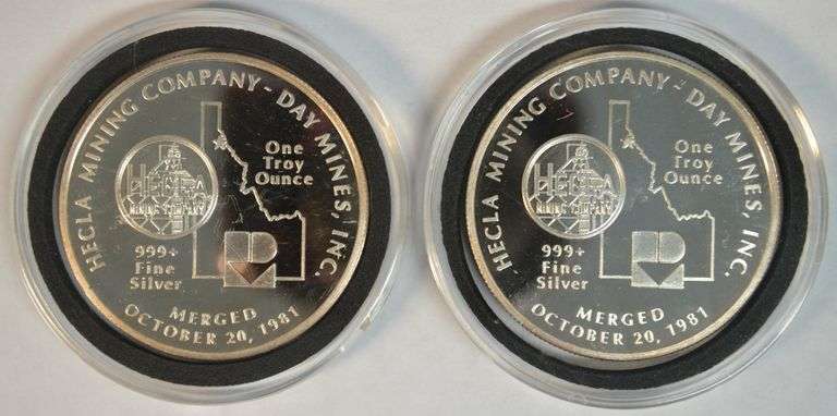2 Pure .999 Fine Silver 1 Troy Oz Hecla Mining Company pcs from 1982