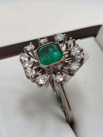 Antique Russian Emerald 18k White Gold Floral Ring with Diamonds