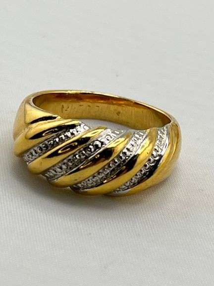 14KT Yellow Gold Two Tone Dome Twisted Braided Design With Rows Of Diamond Accent Ring