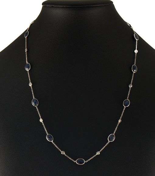 13.20ctw Oval Sapphire and 0.55ctw Diamond by the Yard Station Necklace in 14K
