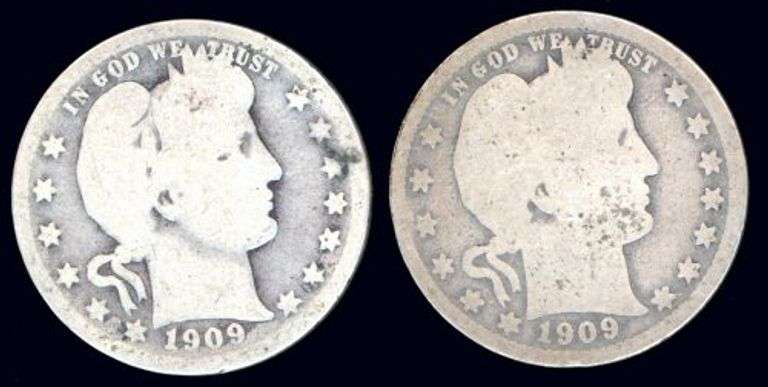 Two Different Barber Silver Quarters: 1909 & 1909-D