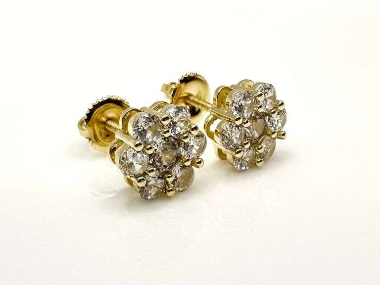 Dazzling Yellow Gold Plate Sparkling 7 Stone CZ Flower Earrings