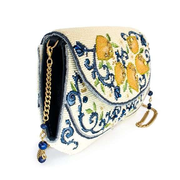 Capri Lemons Yellow and Blue Beaded Crossbody Handbag