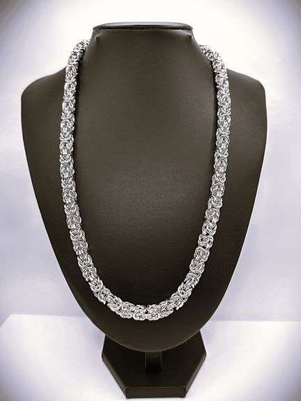Huge 125.4 Gram 18 Kt. White Gold Plated Byzantine Chain Necklace.