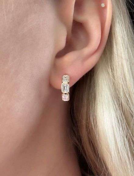 Chic Bezel Set Emerald Cut Diamond Hoops in 14k