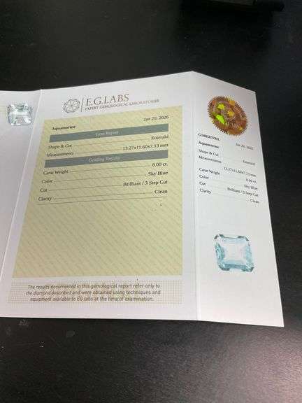 CERTIFIED NATURAL  8.00 CARATS AQUAMARINE